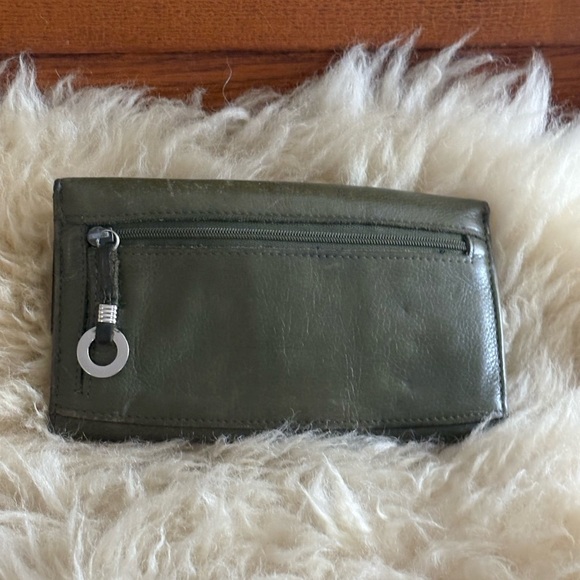 Olive Green Leather Tri Fold Checkbook Wallet with Flap Closure - Picture 3 of 4